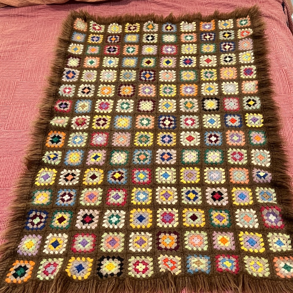 Handmade wool Colorful Crochet Blanket with Fringe